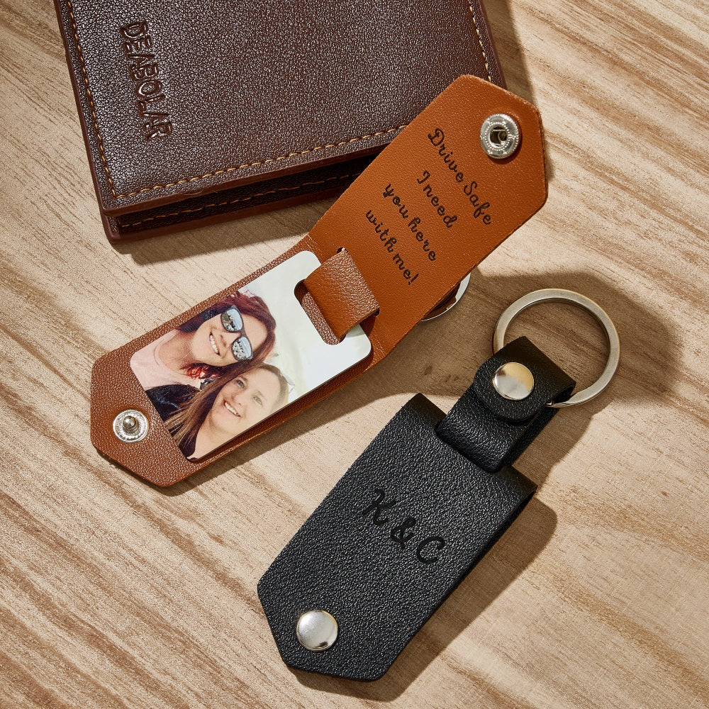 litzzy Personalized Engraved PU Leather Keychain Custom Metal Key Chain with Photo Keychain   