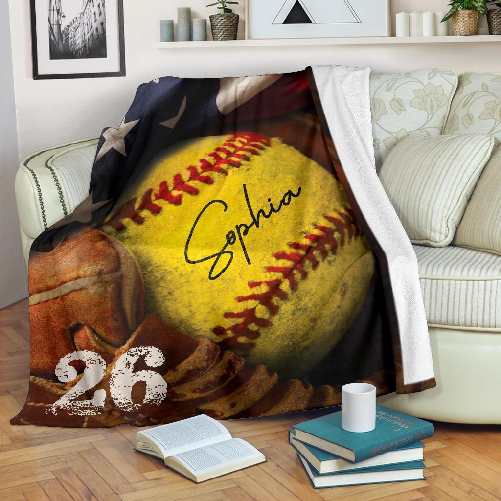 litzzy Personalized Softball Glove Corner Flag Fleece Blanket - Tlno1011203 Quilt Blanket   