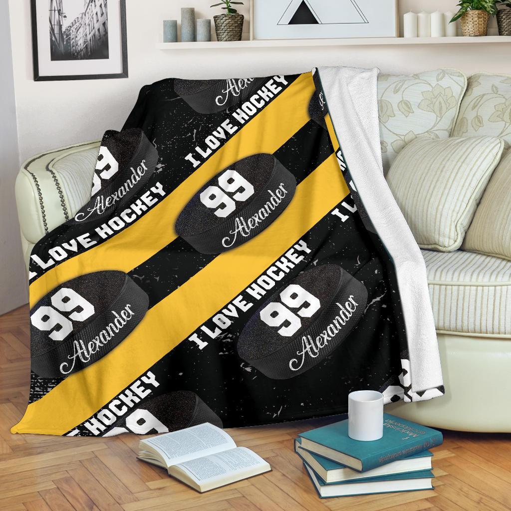 litzzy Personalized I Love Hockey Fleece Blanket - Latg1911202 Quilt Blanket BLACK YELLOW 60 X 80 