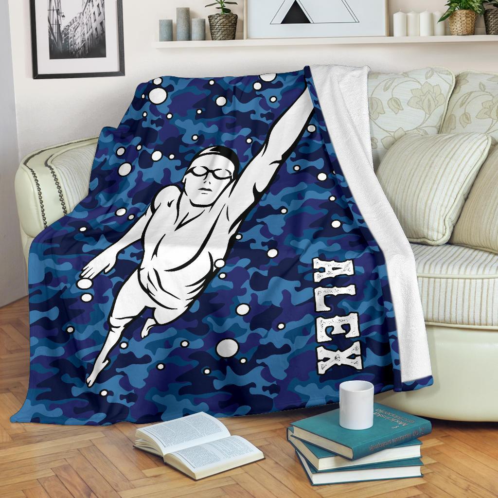 litzzy Personalized Swimming Blue Camouflage Fleece Blanket - Tlno0911203 Quilt Blanket   