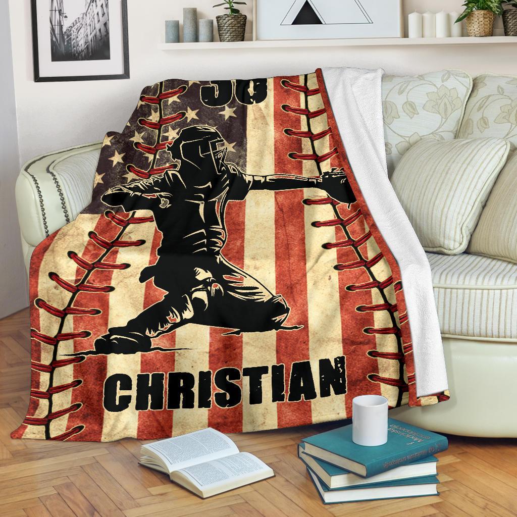 litzzy Personalized Baseball Player American Flag Fleece Blanket - Nh1811201 Quilt Blanket   