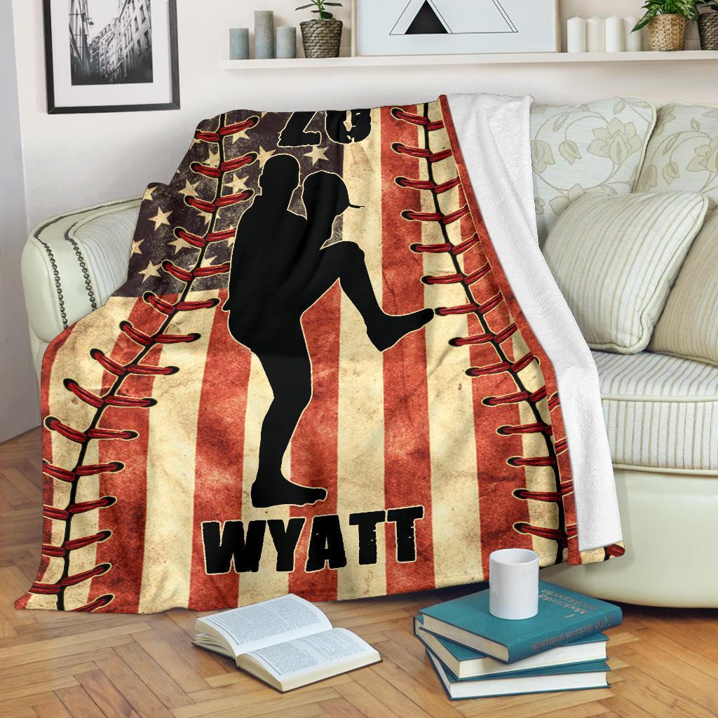 litzzy Personalized Baseball Player American Flag Fleece Blanket - Nh1811201 Quilt Blanket   