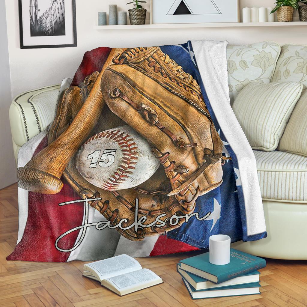 litzzy Personalized Baseball Glove Bat Flag Fleece Blanket - Tltm1411202 Quilt Blanket   