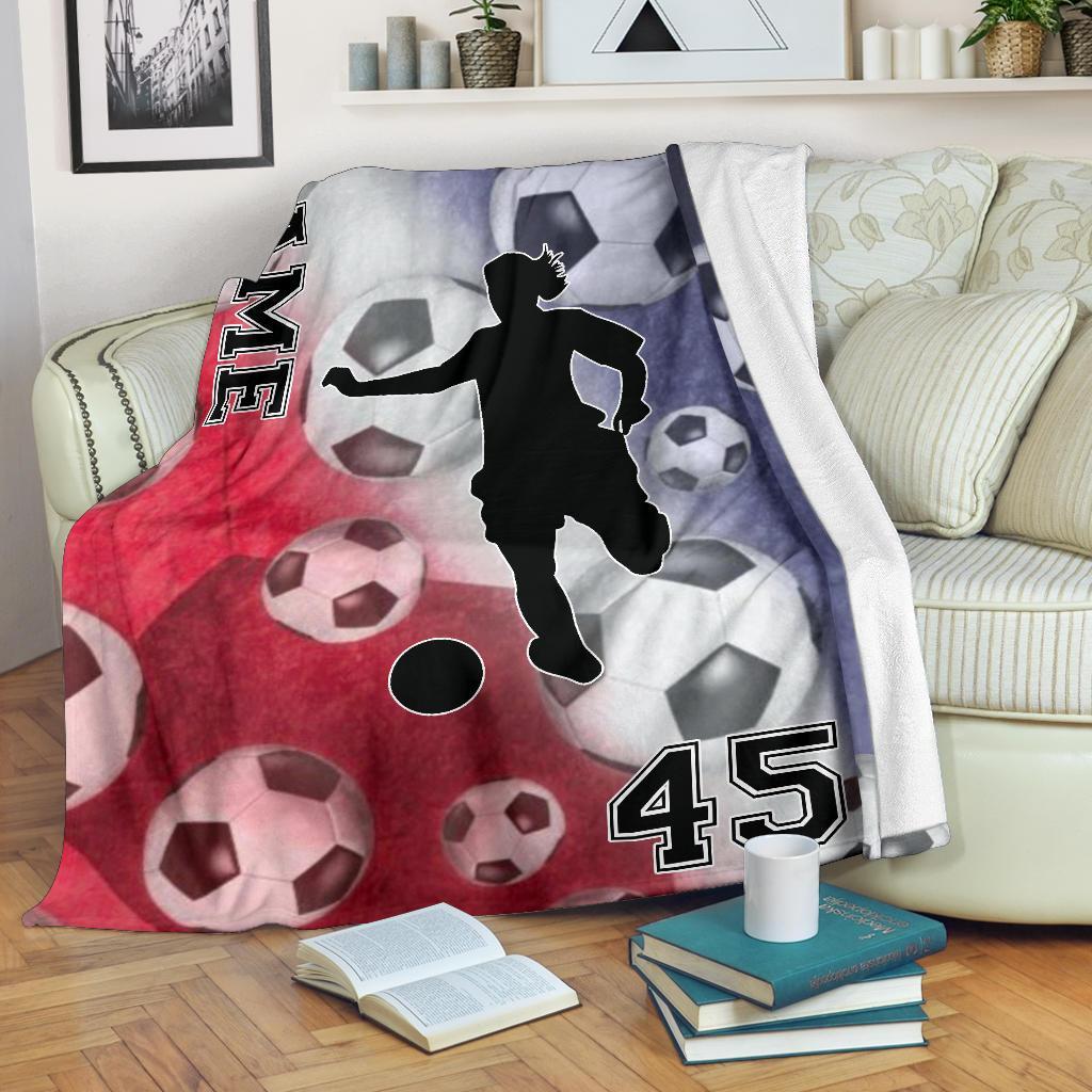 litzzy Personalized Red White Blue Soccer Silhouette Fleece Blanket - Tlnh0212201 Quilt Blanket   