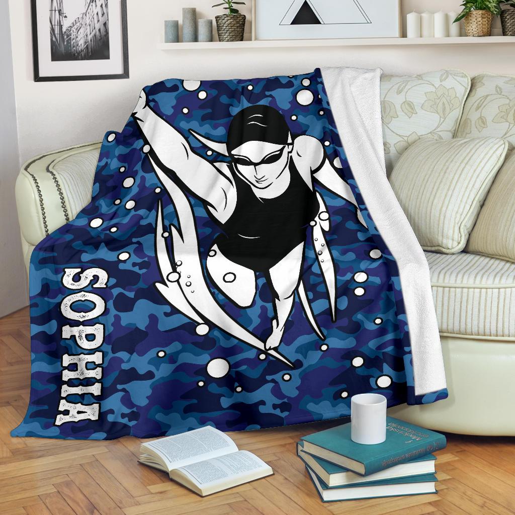 litzzy Personalized Swimming Blue Camouflage Fleece Blanket - Tlno0911203 Quilt Blanket   