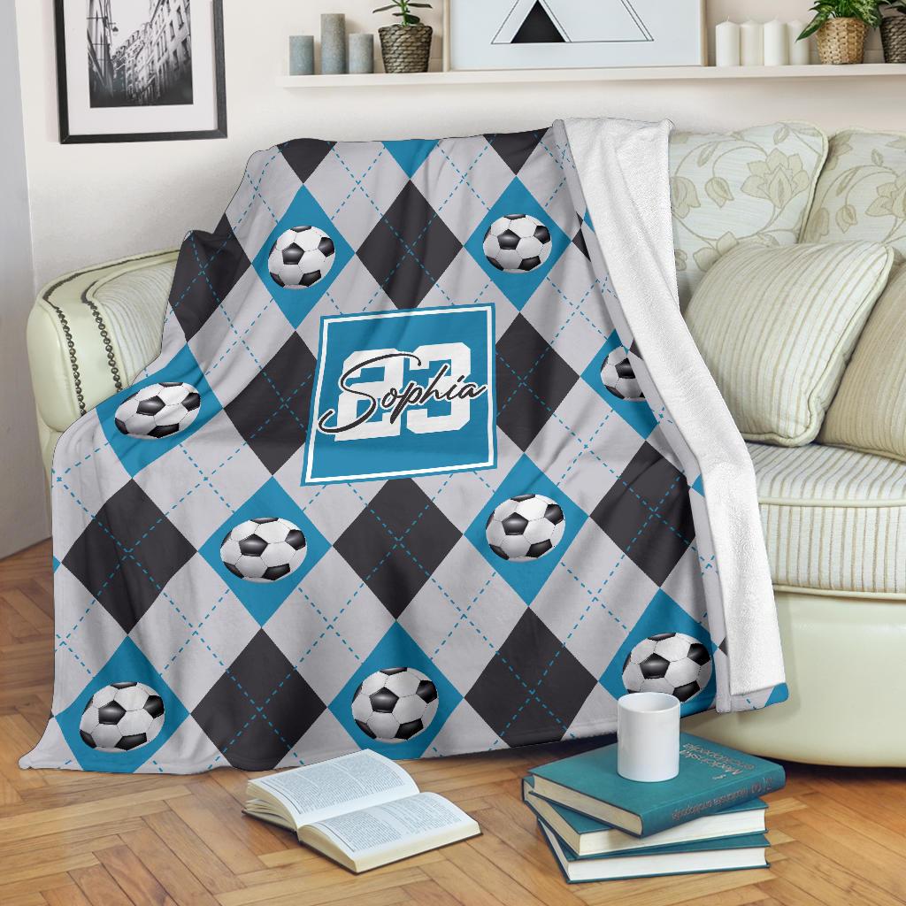 litzzy Personalized Soccer Argyle Pattern Fleece Blanket - Tlno2311201 Quilt Blanket BLUE 60 X 80 