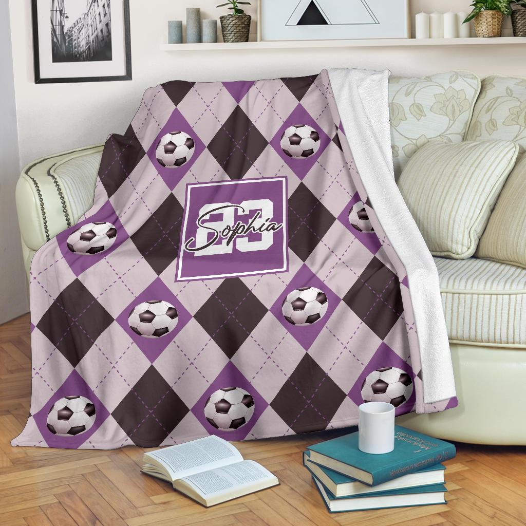 litzzy Personalized Soccer Argyle Pattern Fleece Blanket - Tlno2311201 Quilt Blanket PURPLE 60 X 80 