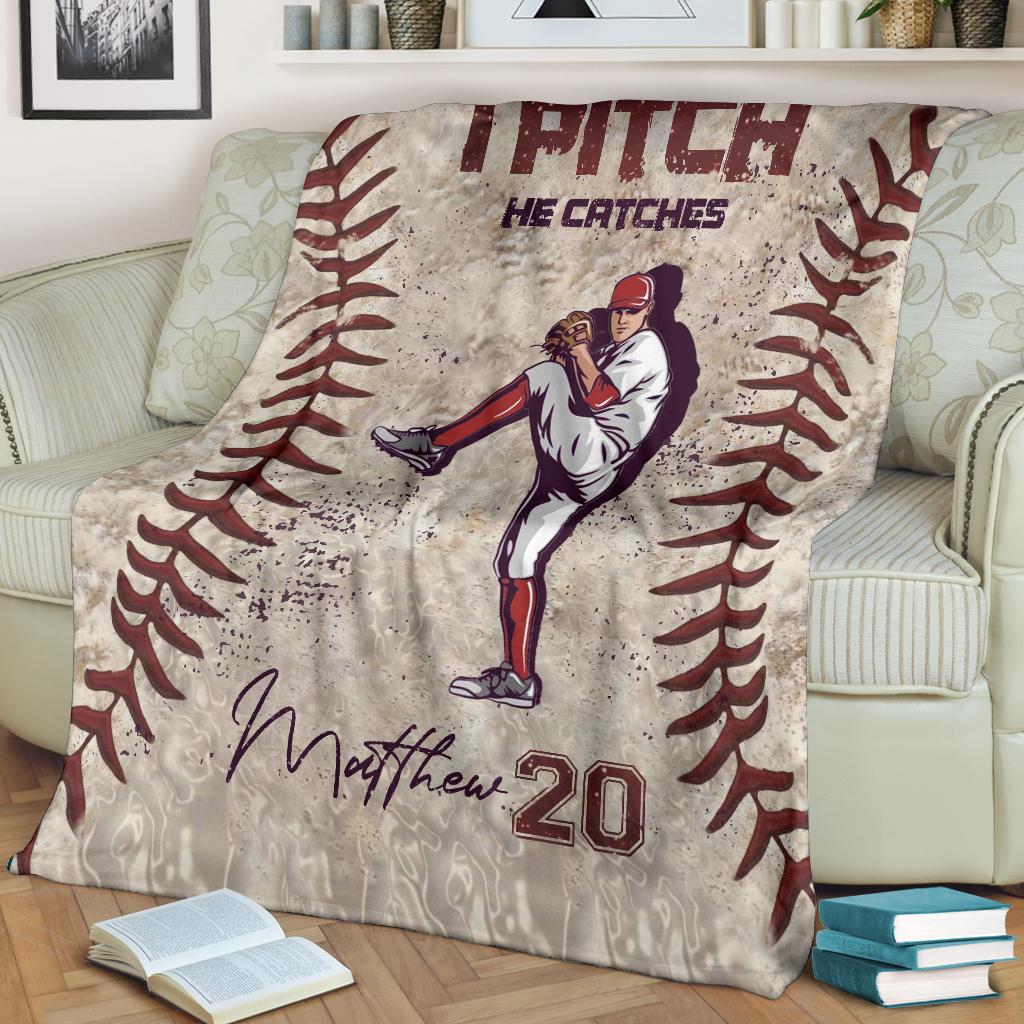 litzzy Personalized Pitcher Catcher Baseball Fleece Blanket - Lath1611203 Quilt Blanket   