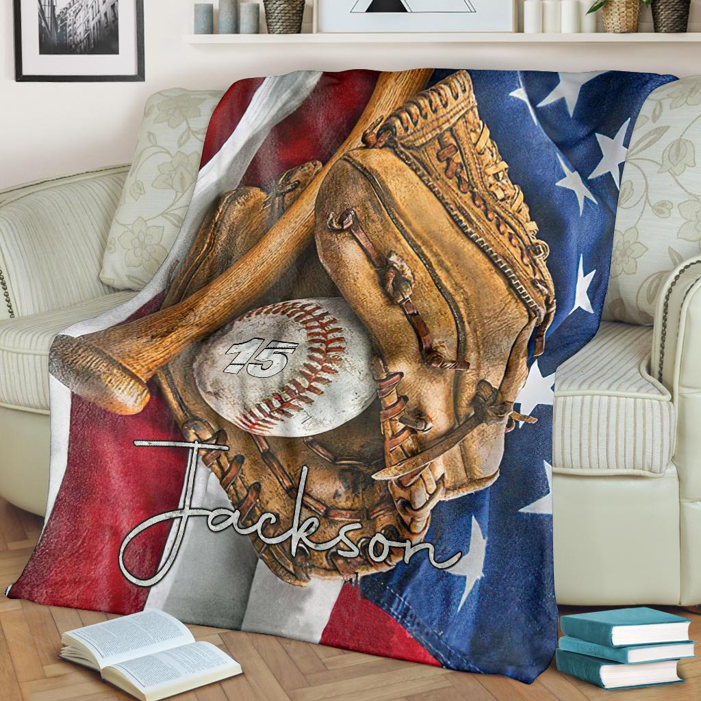 litzzy Personalized Baseball Glove Bat Flag Fleece Blanket - Tltm1411202 Quilt Blanket   