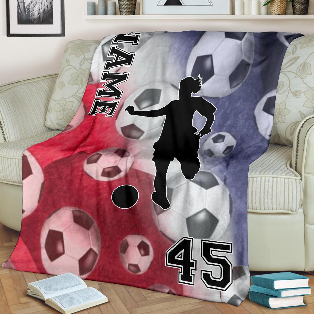 litzzy Personalized Red White Blue Soccer Silhouette Fleece Blanket - Tlnh0212201 Quilt Blanket   