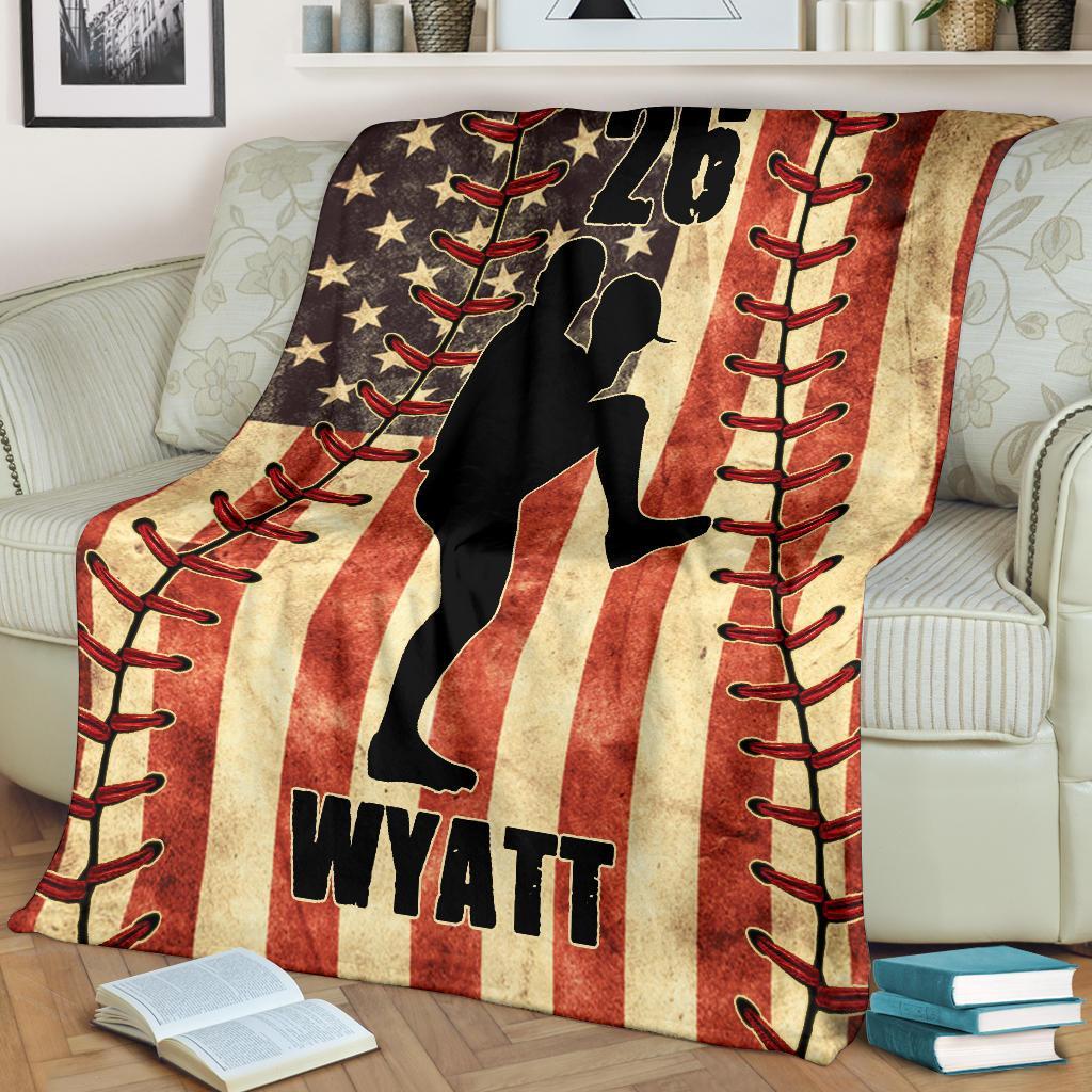 litzzy Personalized Baseball Player American Flag Fleece Blanket - Nh1811201 Quilt Blanket   