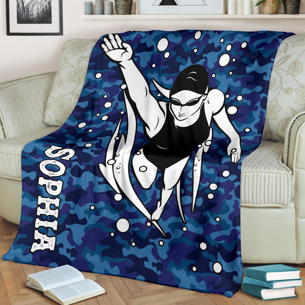 litzzy Personalized Swimming Blue Camouflage Fleece Blanket - Tlno0911203 Quilt Blanket   
