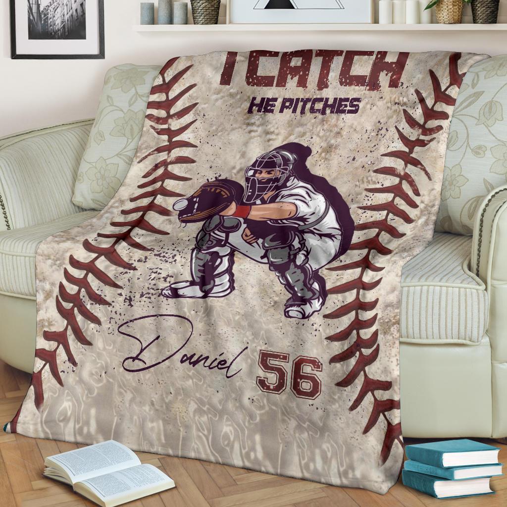 litzzy Personalized Pitcher Catcher Baseball Fleece Blanket - Lath1611203 Quilt Blanket   