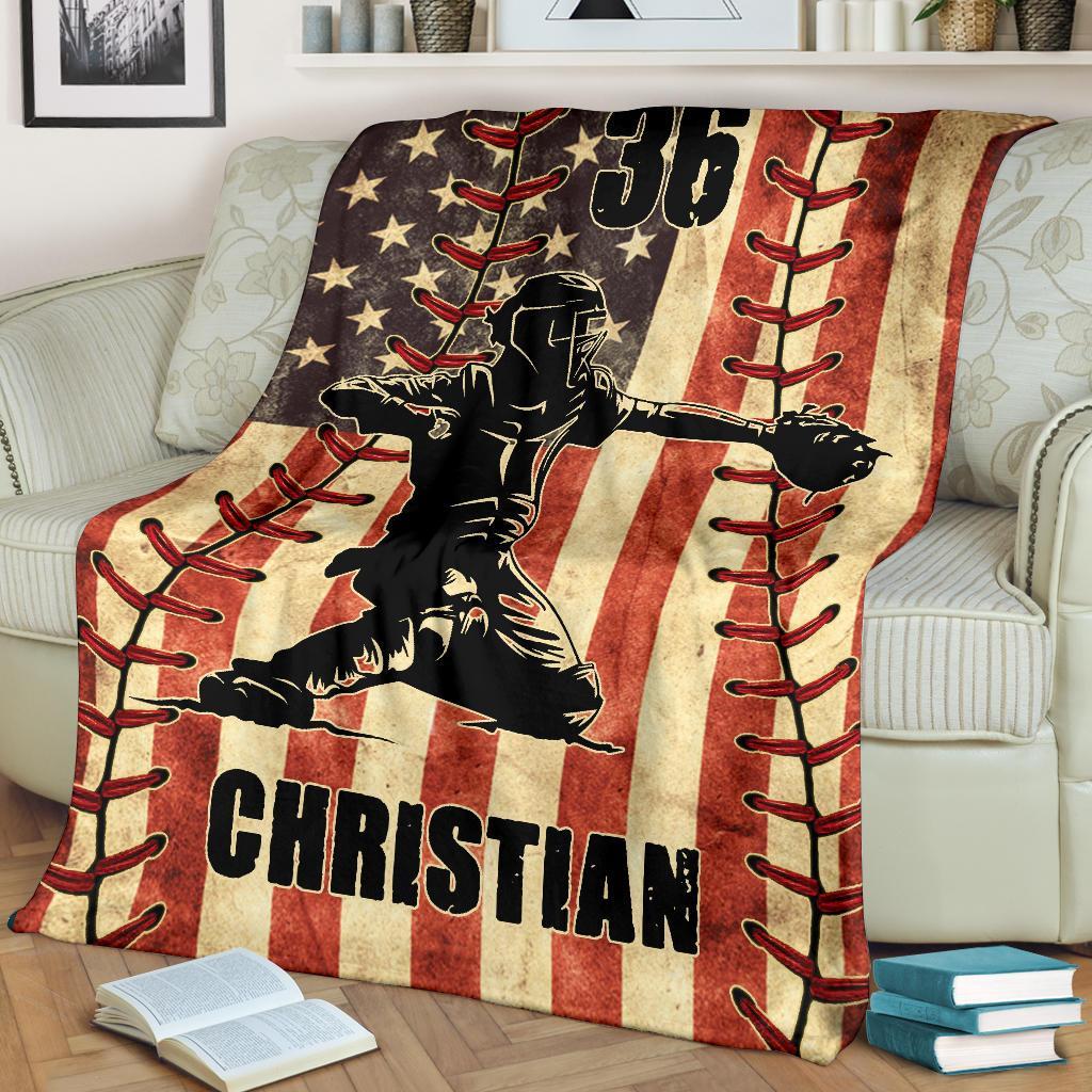 litzzy Personalized Baseball Player American Flag Fleece Blanket - Nh1811201 Quilt Blanket   