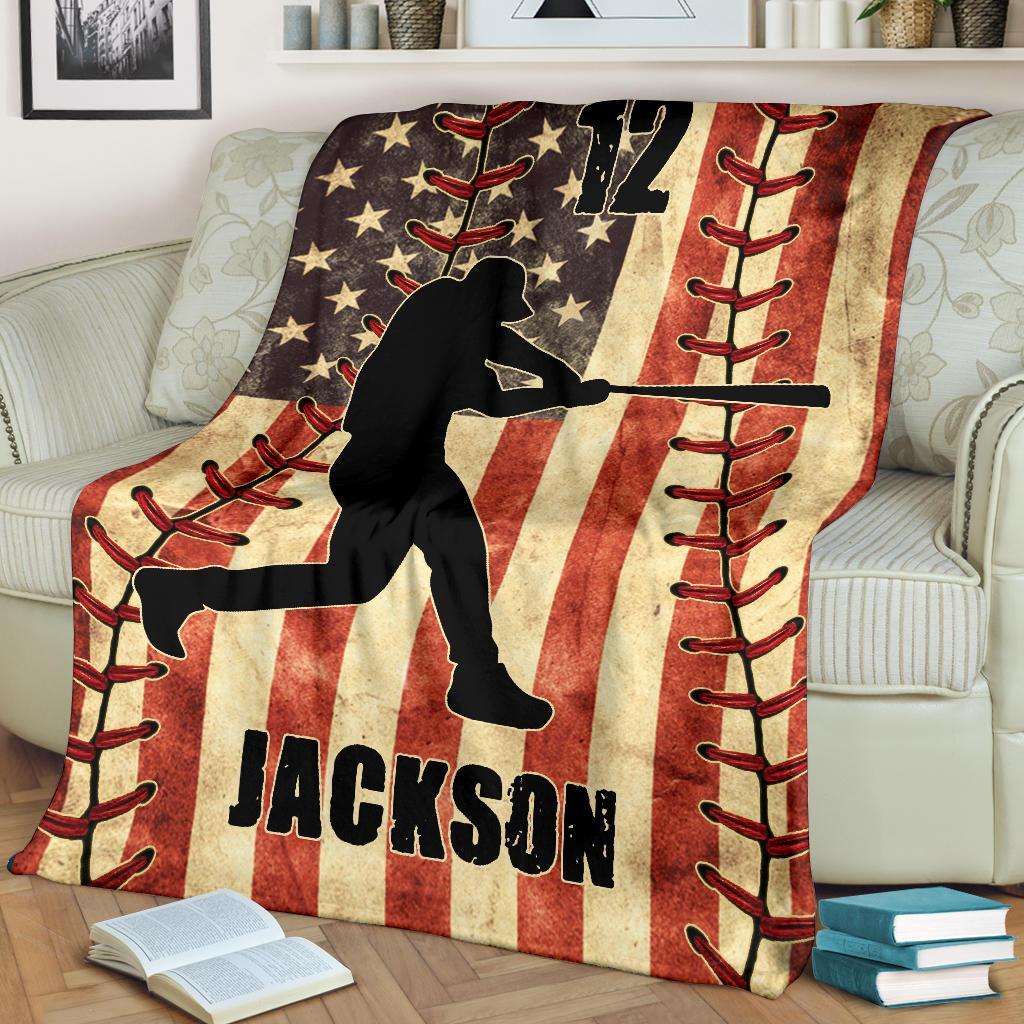 litzzy Personalized Baseball Player American Flag Fleece Blanket - Nh1811201 Quilt Blanket   