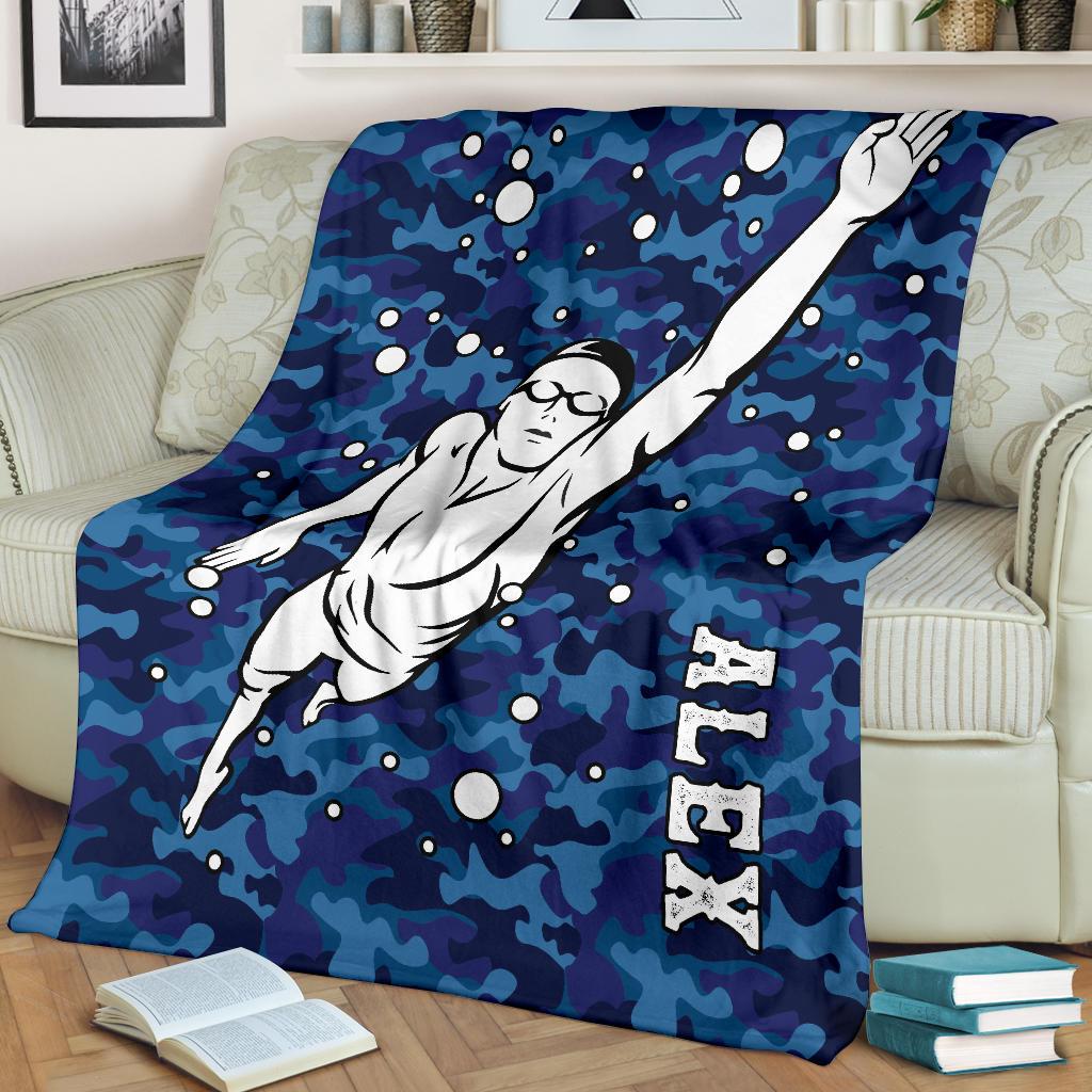 litzzy Personalized Swimming Blue Camouflage Fleece Blanket - Tlno0911203 Quilt Blanket   