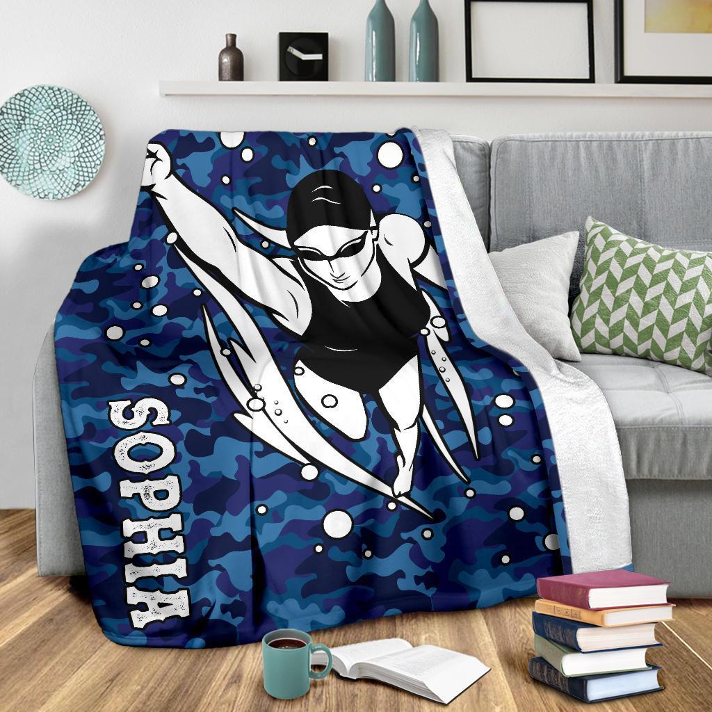 litzzy Personalized Swimming Blue Camouflage Fleece Blanket - Tlno0911203 Quilt Blanket FEMALE 50 X 60 