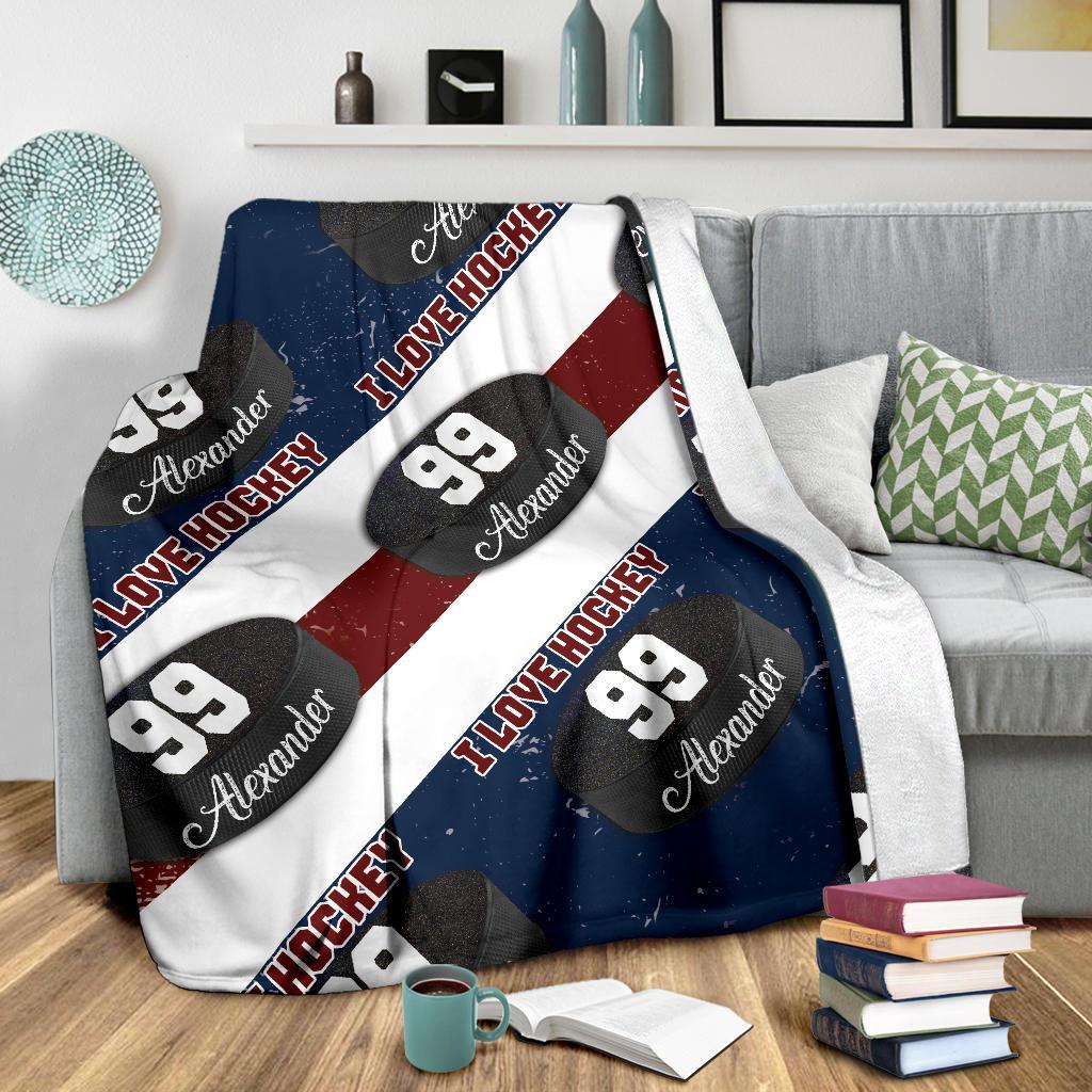 litzzy Personalized I Love Hockey Fleece Blanket - Latg1911202 Quilt Blanket BLUE WHITE RED 50 X 60 