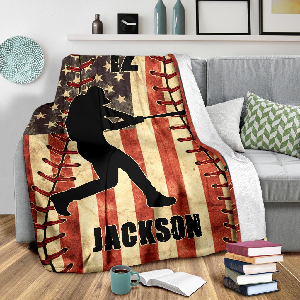 litzzy Personalized Baseball Player American Flag Fleece Blanket - Nh1811201 Quilt Blanket   