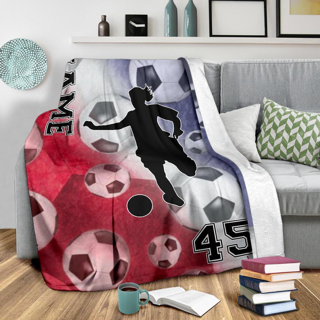 litzzy Personalized Red White Blue Soccer Silhouette Fleece Blanket - Tlnh0212201 Quilt Blanket   