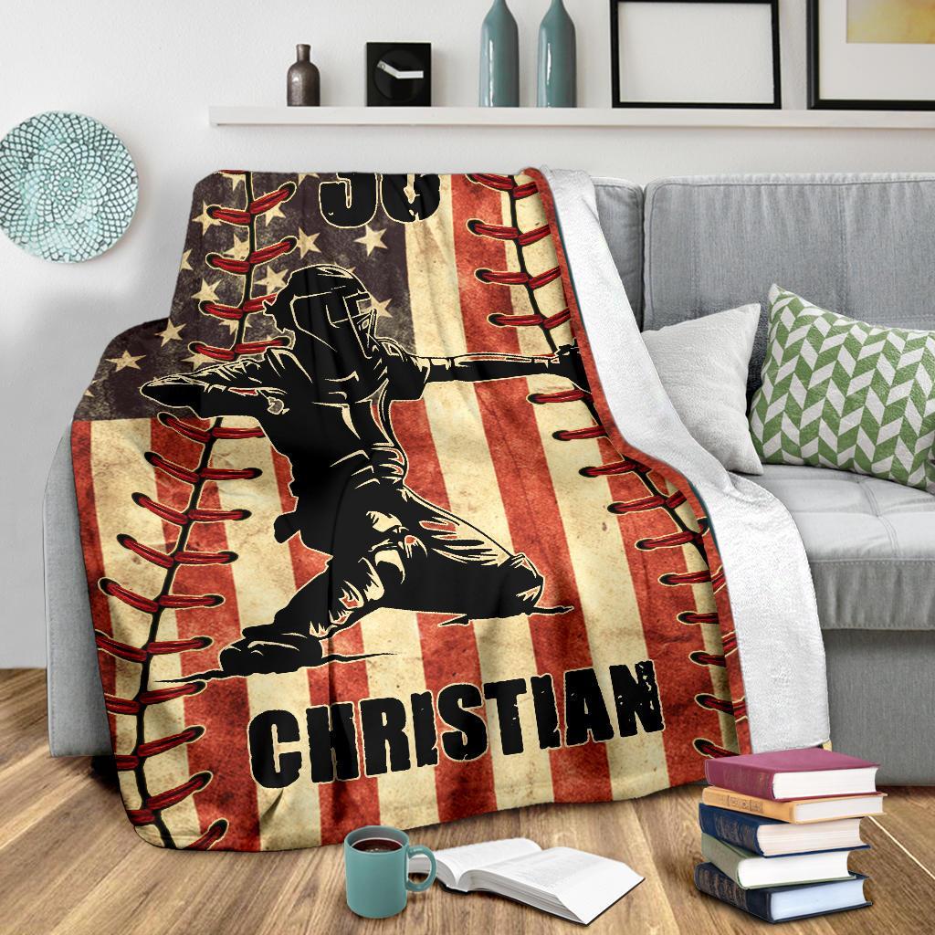 litzzy Personalized Baseball Player American Flag Fleece Blanket - Nh1811201 Quilt Blanket   