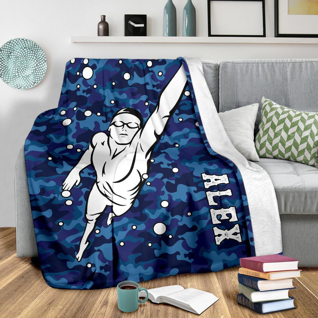 litzzy Personalized Swimming Blue Camouflage Fleece Blanket - Tlno0911203 Quilt Blanket MALE 50 X 60 