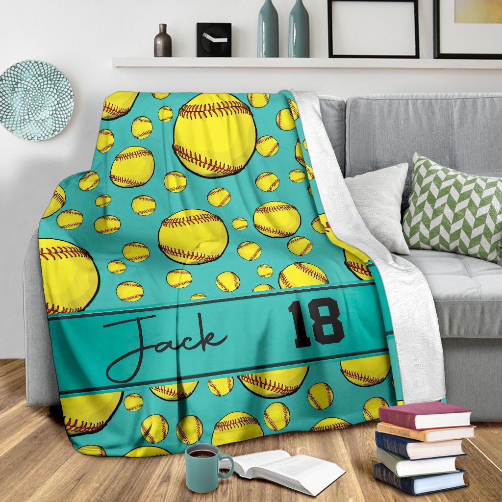 litzzy Personalized Softball Balls Fleece Blanket - Tltm1411201 Quilt Blanket TEAL 50 X 60 
