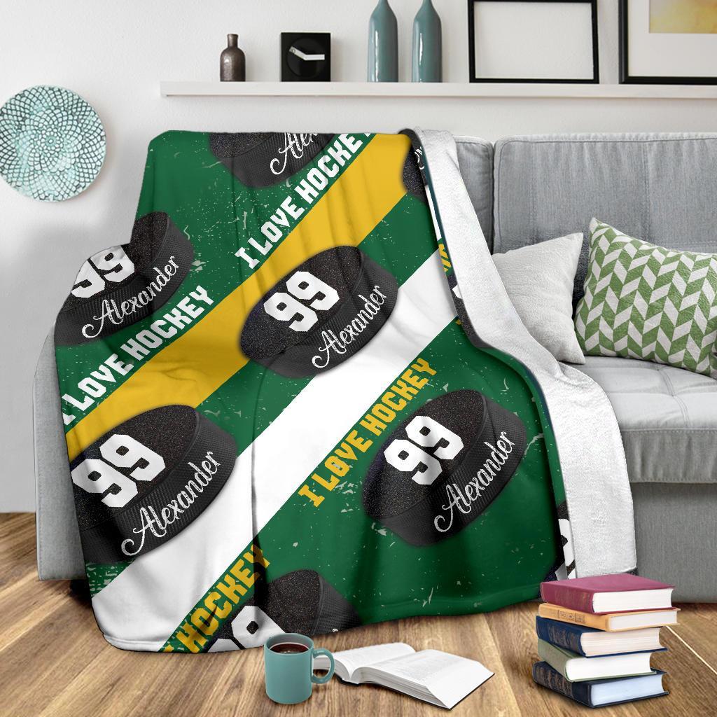 litzzy Personalized I Love Hockey Fleece Blanket - Latg1911202 Quilt Blanket GREEN YELLOW WHITE 60 X 80 