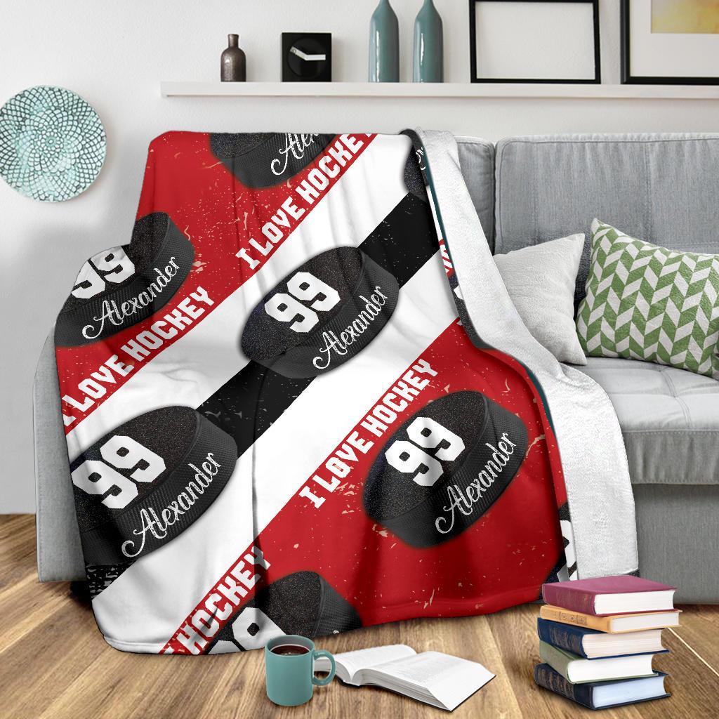 litzzy Personalized I Love Hockey Fleece Blanket - Latg1911202 Quilt Blanket RED WHITE BLACK 50 X 60 