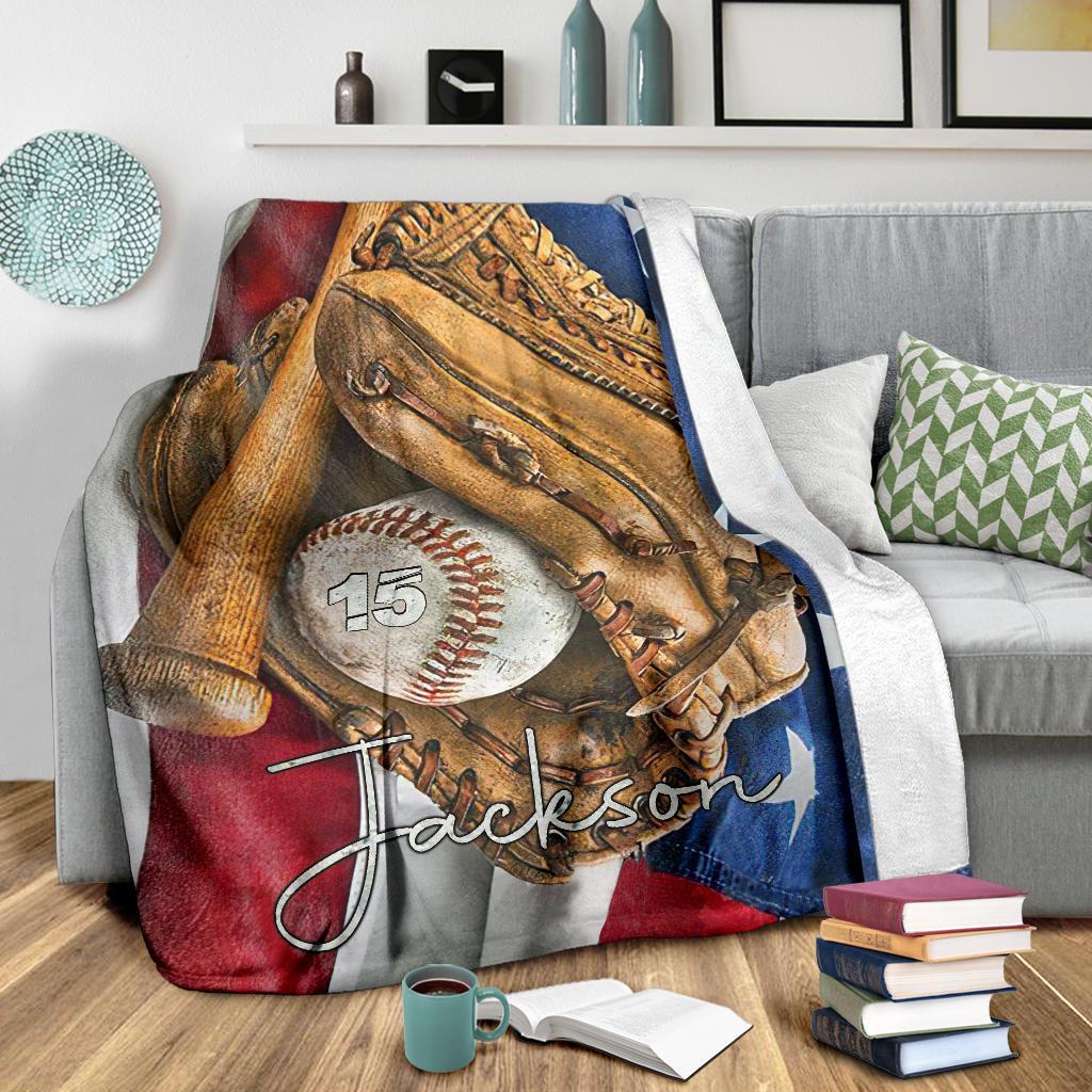 litzzy Personalized Baseball Glove Bat Flag Fleece Blanket - Tltm1411202 Quilt Blanket   