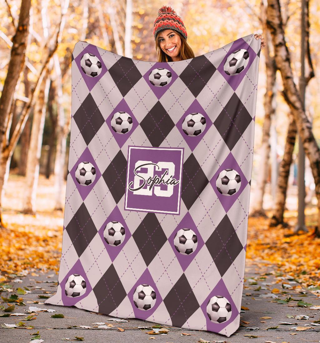 litzzy Personalized Soccer Argyle Pattern Fleece Blanket - Tlno2311201 Quilt Blanket PURPLE 50 X 60 