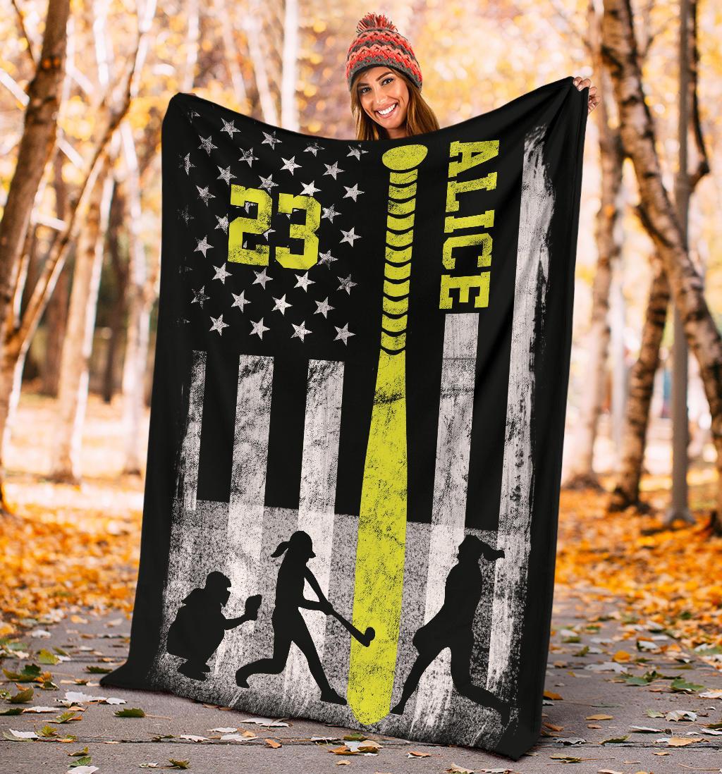 litzzy Personalized Softball Bat Flag Fleece Blanket - Tltm2511201 Quilt Blanket   