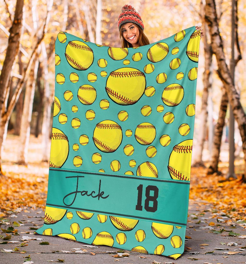litzzy Personalized Softball Balls Fleece Blanket - Tltm1411201 Quilt Blanket TEAL 60 X 80 