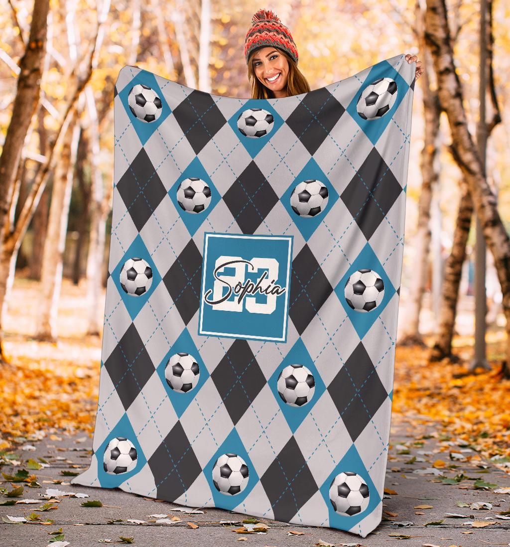 litzzy Personalized Soccer Argyle Pattern Fleece Blanket - Tlno2311201 Quilt Blanket BLUE 50 X 60 
