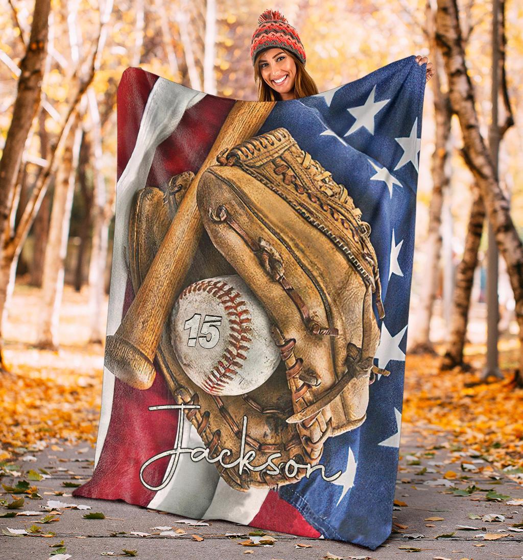 litzzy Personalized Baseball Glove Bat Flag Fleece Blanket - Tltm1411202 Quilt Blanket   