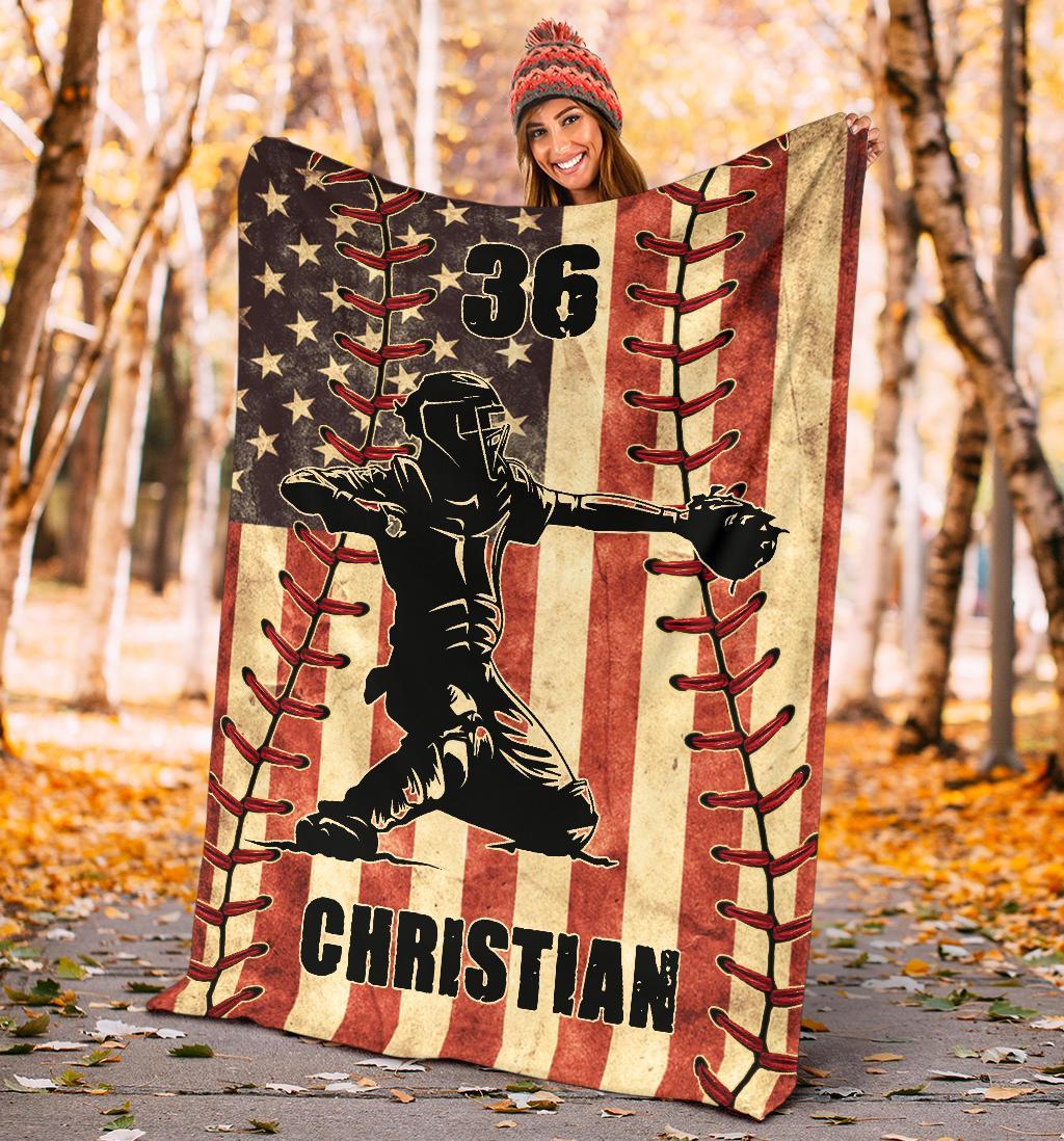 litzzy Personalized Baseball Player American Flag Fleece Blanket - Nh1811201 Quilt Blanket CATCHER 50 X 60 