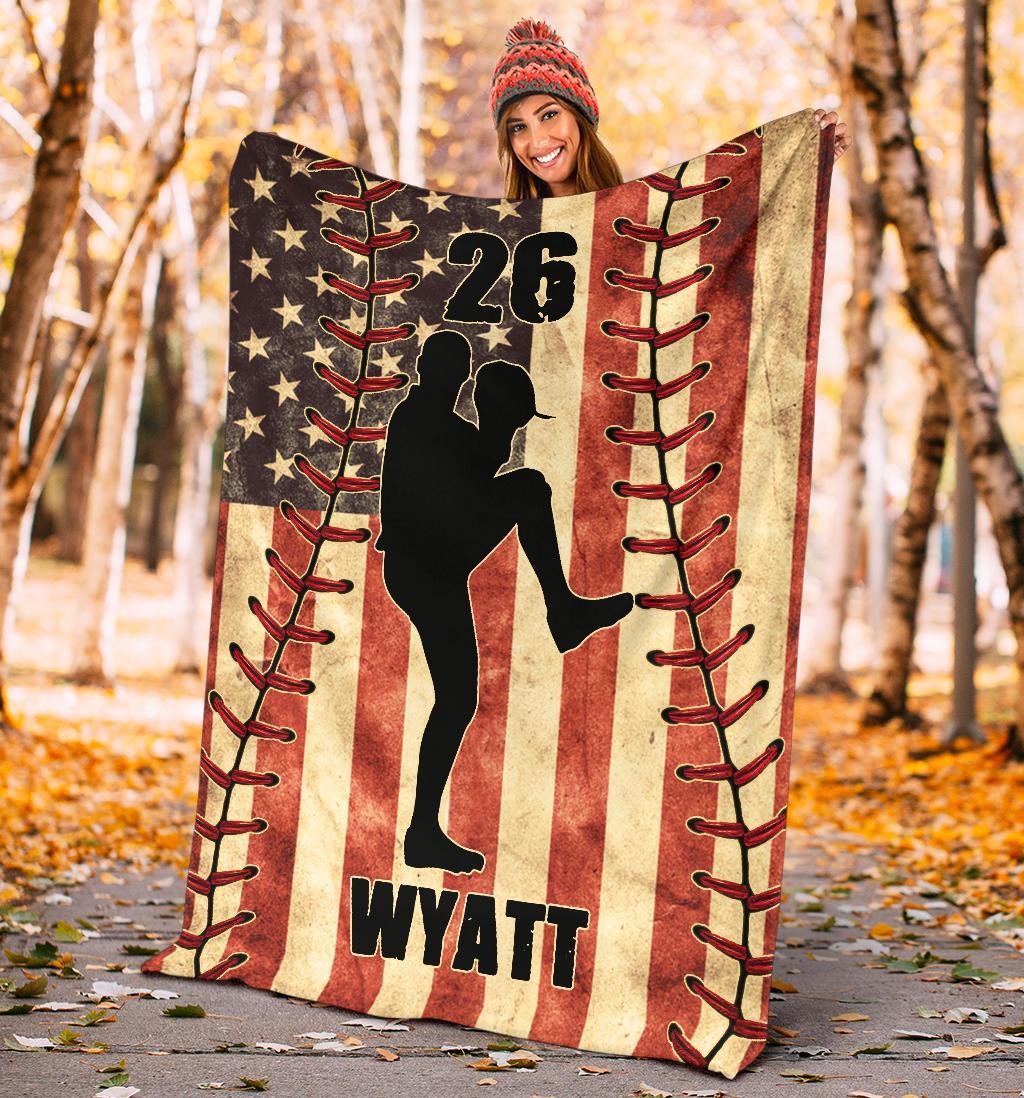 litzzy Personalized Baseball Player American Flag Fleece Blanket - Nh1811201 Quilt Blanket   