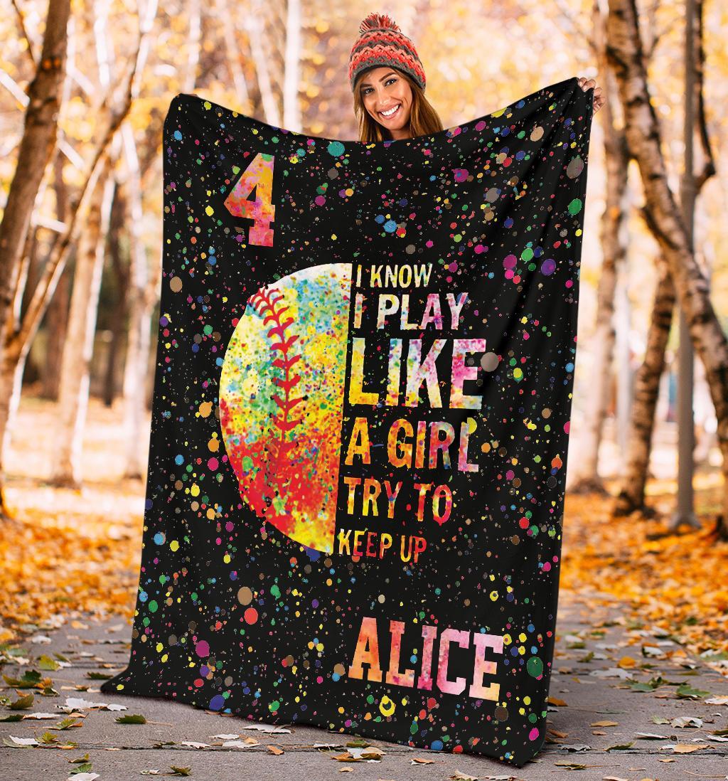 litzzy Personalized I Play Like A Girl Softball Fleece Blanket - Tltm16111201 Quilt Blanket   