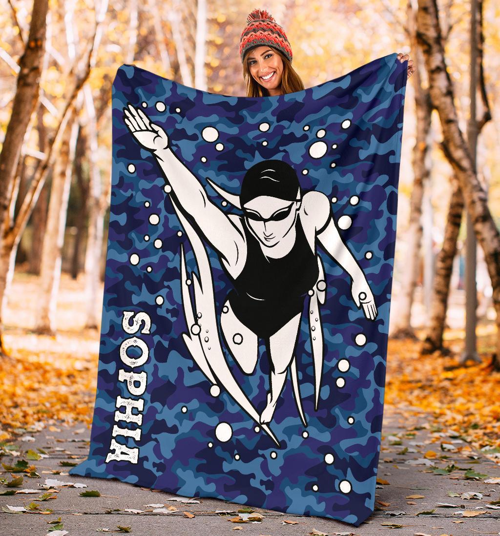 litzzy Personalized Swimming Blue Camouflage Fleece Blanket - Tlno0911203 Quilt Blanket   