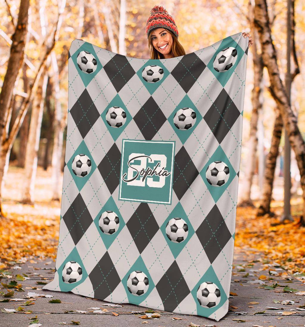 litzzy Personalized Soccer Argyle Pattern Fleece Blanket - Tlno2311201 Quilt Blanket TEAL 60 X 80 