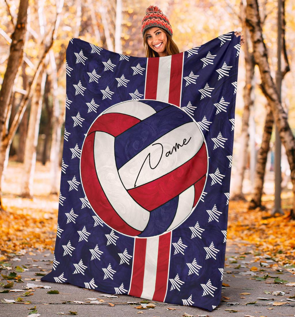 litzzy Personalized Red White Blue Stripes Volleyball Fleece Blanket - Tltm0312201 Quilt Blanket   