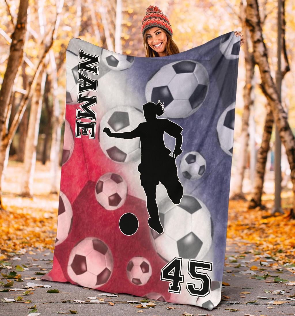 litzzy Personalized Red White Blue Soccer Silhouette Fleece Blanket - Tlnh0212201 Quilt Blanket   