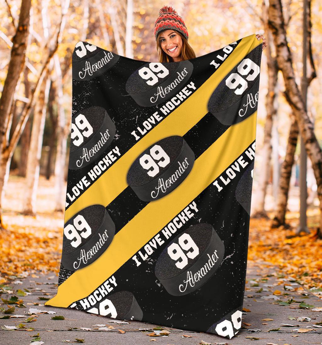litzzy Personalized I Love Hockey Fleece Blanket - Latg1911202 Quilt Blanket BLACK YELLOW 50 X 60 