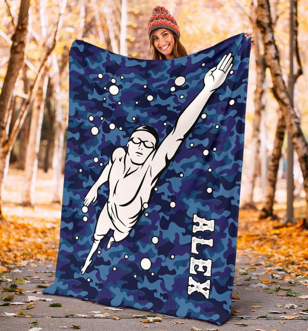 litzzy Personalized Swimming Blue Camouflage Fleece Blanket - Tlno0911203 Quilt Blanket   