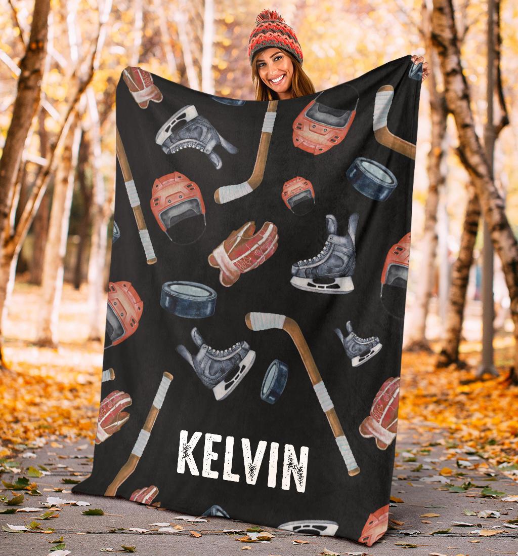 litzzy Personalized Hockey Gear Watercolor Fleece Blanket - Tlnb1411202 Quilt Blanket   