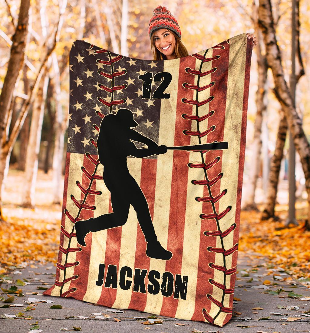 litzzy Personalized Baseball Player American Flag Fleece Blanket - Nh1811201 Quilt Blanket BATTER 60 X 80 