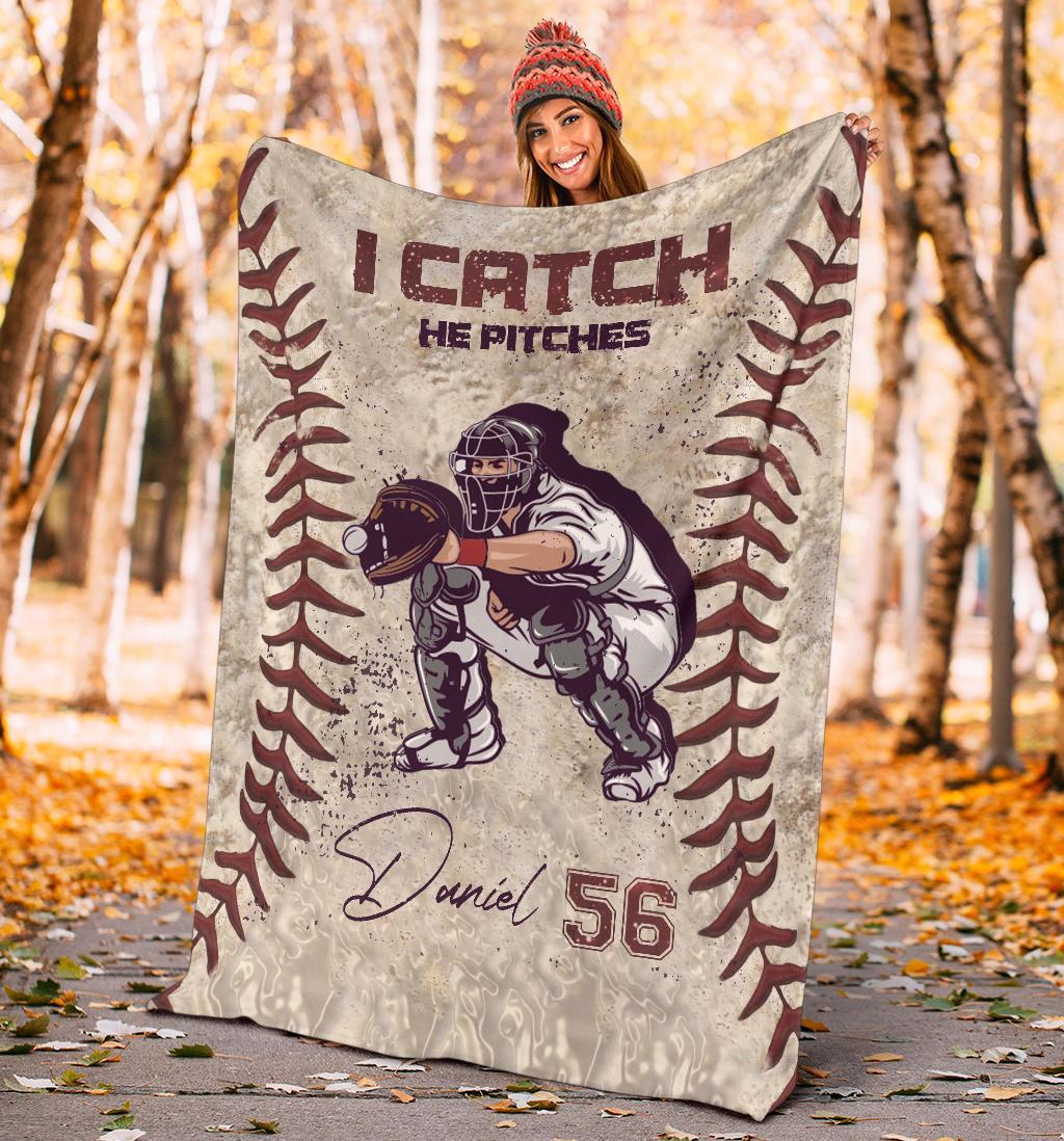litzzy Personalized Pitcher Catcher Baseball Fleece Blanket - Lath1611203 Quilt Blanket   