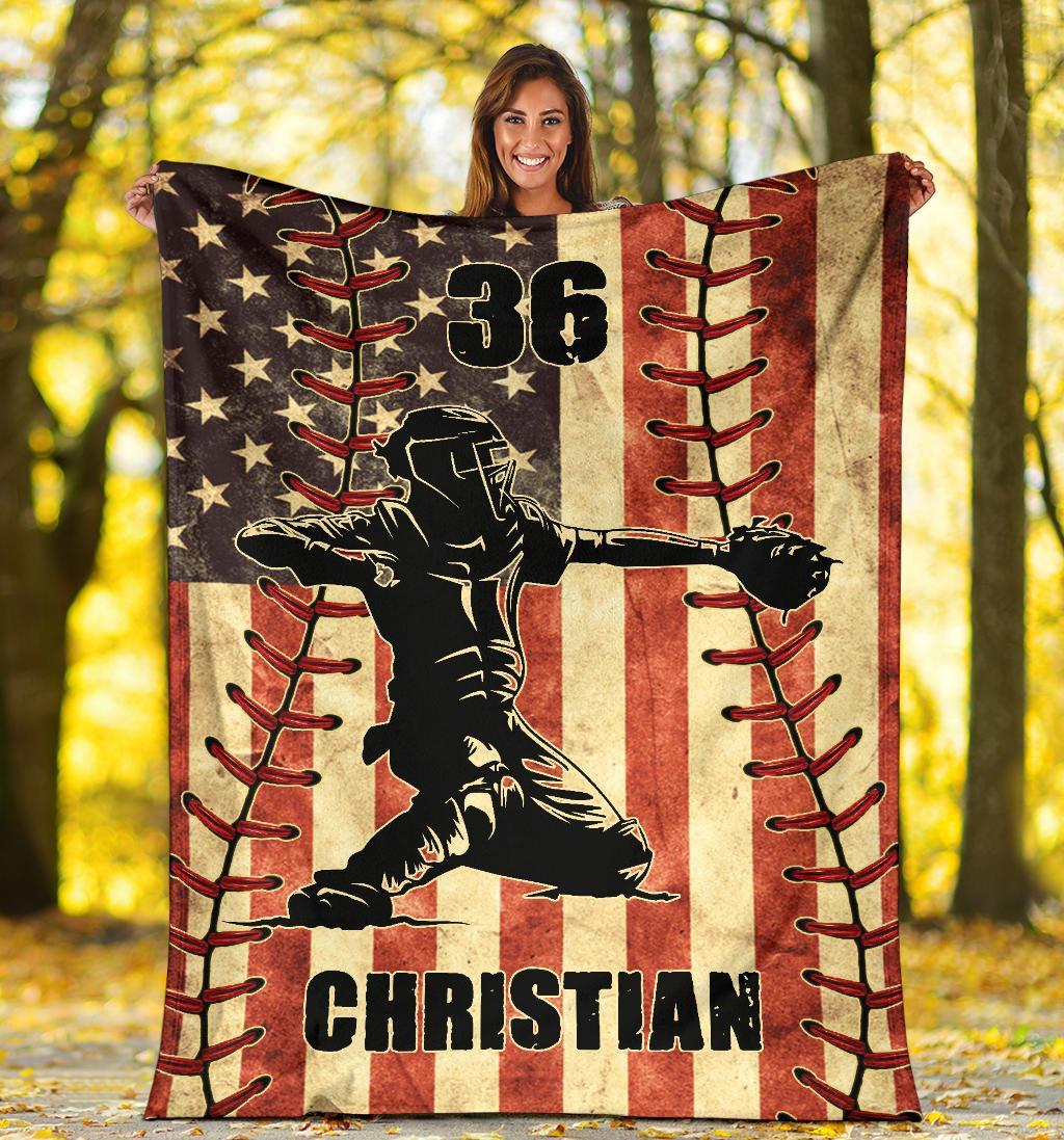 litzzy Personalized Baseball Player American Flag Fleece Blanket - Nh1811201 Quilt Blanket   