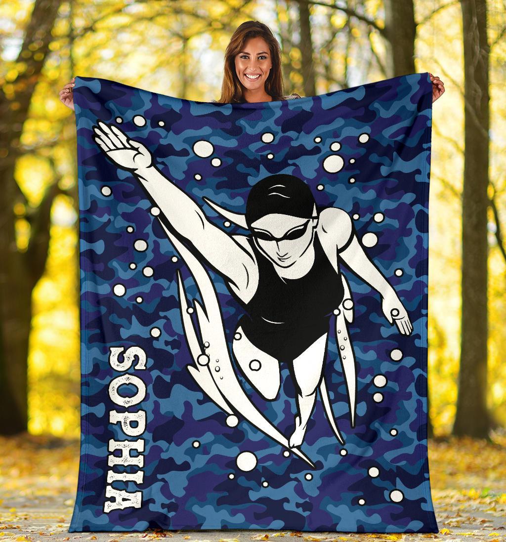 litzzy Personalized Swimming Blue Camouflage Fleece Blanket - Tlno0911203 Quilt Blanket   