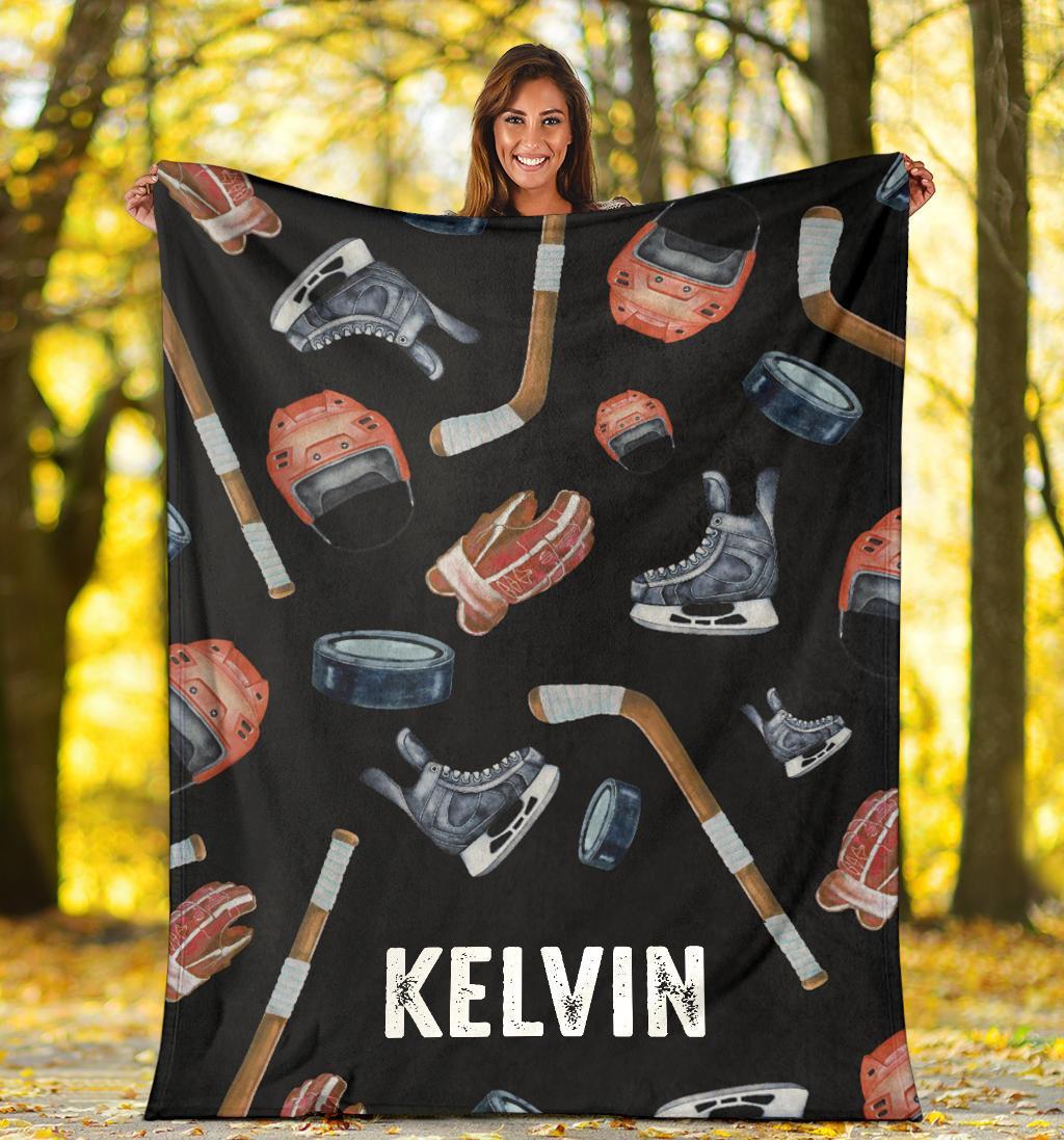 litzzy Personalized Hockey Gear Watercolor Fleece Blanket - Tlnb1411202 Quilt Blanket   